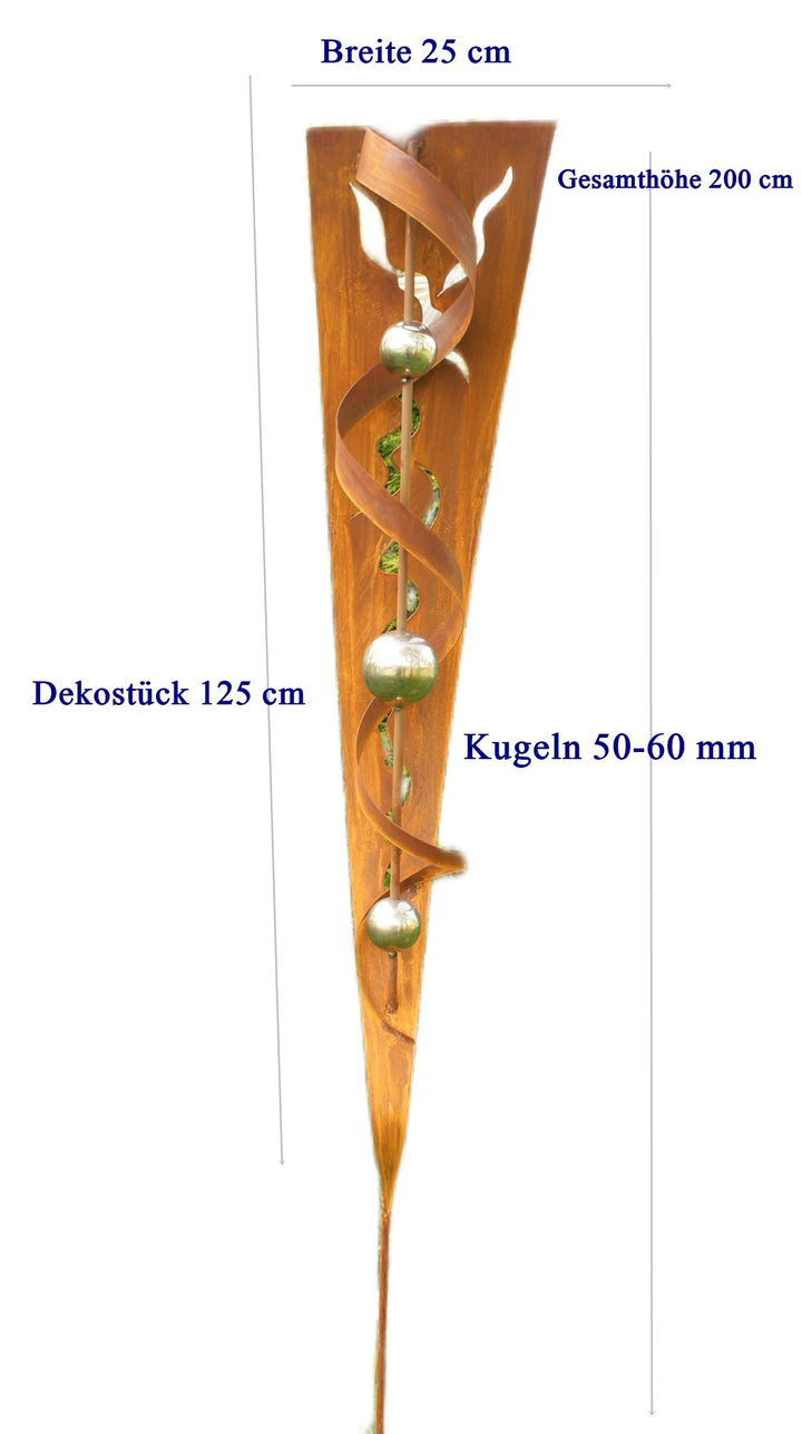 Gartenstecker Rost Eisen mit 3 Edelstahlkugeln 200 cm Blattdesign - Bild 2