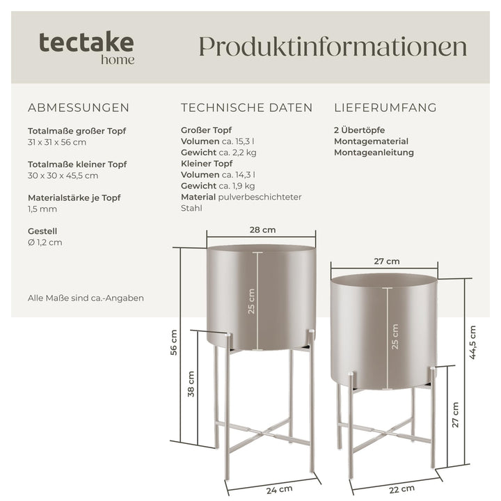 Pflanzenständer 2er-Set Metall Industrial Style mit Übertöpfen Taupe - Bild 6