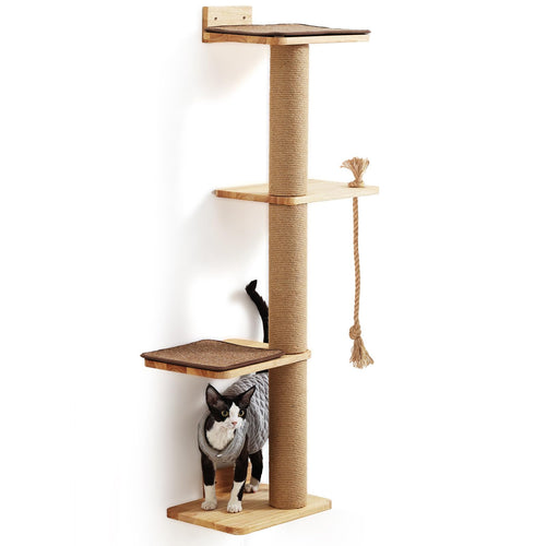 Katzenbaum Wandmontage 127 cm Gummibaumholz mit Jute-Kratzmatte