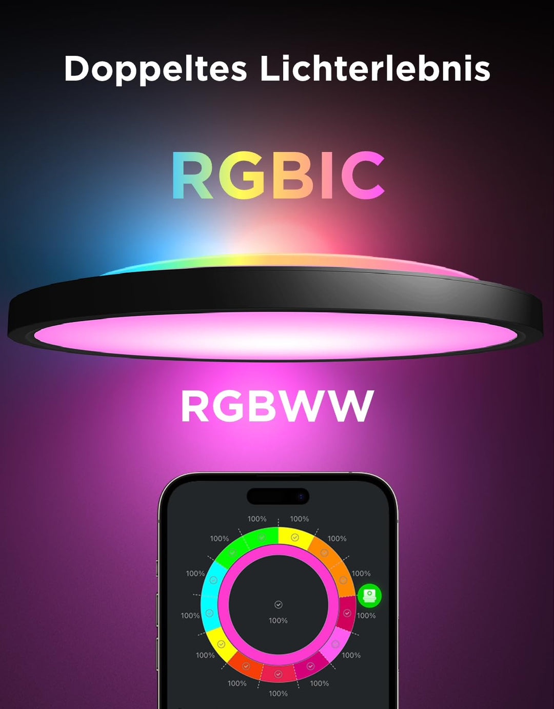 Smart LED Deckenleuchte RGBIC dimmbar 24W 2400lm Ø30cm - Bild 2