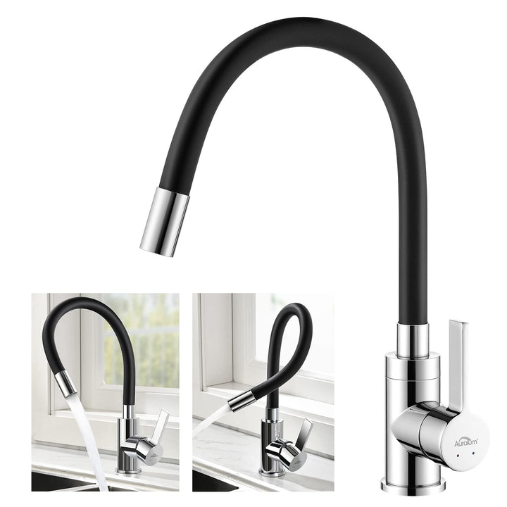 Küchenarmatur Schwarz flexibler Silikon-Auslauf 360° schwenkbar