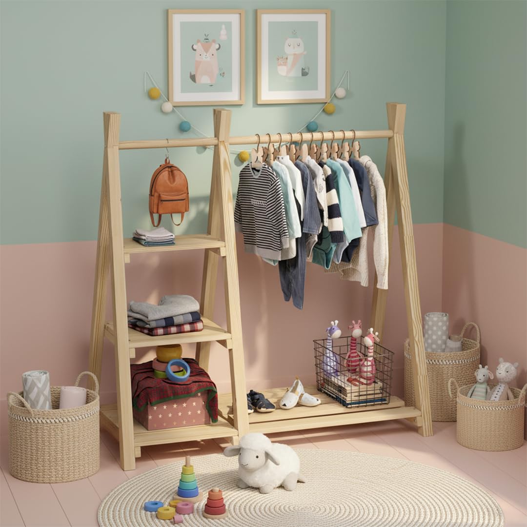 Kinder-Kleiderstange Massivholz Kiefer 4 Ablageflächen Montessori