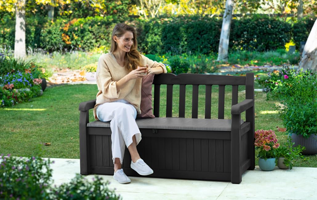 Gartenbank mit Stauraum 265 L Kissenbox Holzoptik 2-Sitzer grau - Bild 5