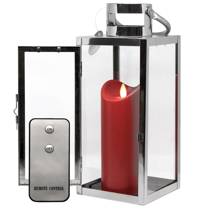 Gartenlaterne Edelstahl 12x12x30cm mit LED Kerze rot Timer Fernbedienung