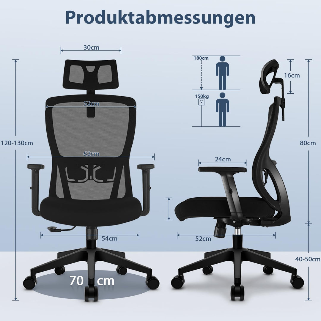 Ergonomischer Bürostuhl Netz 150 kg mit Lordosenstütze und Kopfstütze - Bild 2