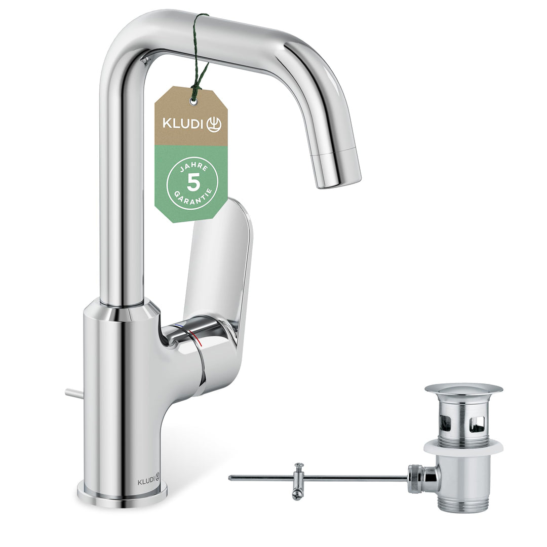 Waschtischarmatur Chrom 360° schwenkbar mit Zugstangen-Ablauf Messing