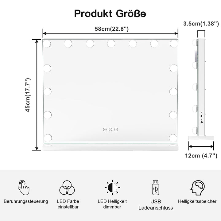 Hollywood Schminkspiegel 58x45cm mit 15 LED 3 Farbtemperaturen Touch - Bild 3