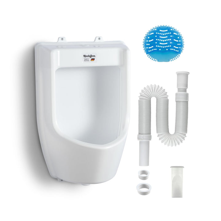Urinal Wand PVC weiss mit Schlauch, Sieb &amp; Spülanschluss Outdoor