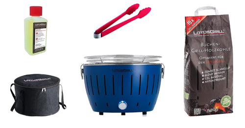 Kompakter Holzkohlegrill raucharme Starter-Set Tiefblau mit Tasche
