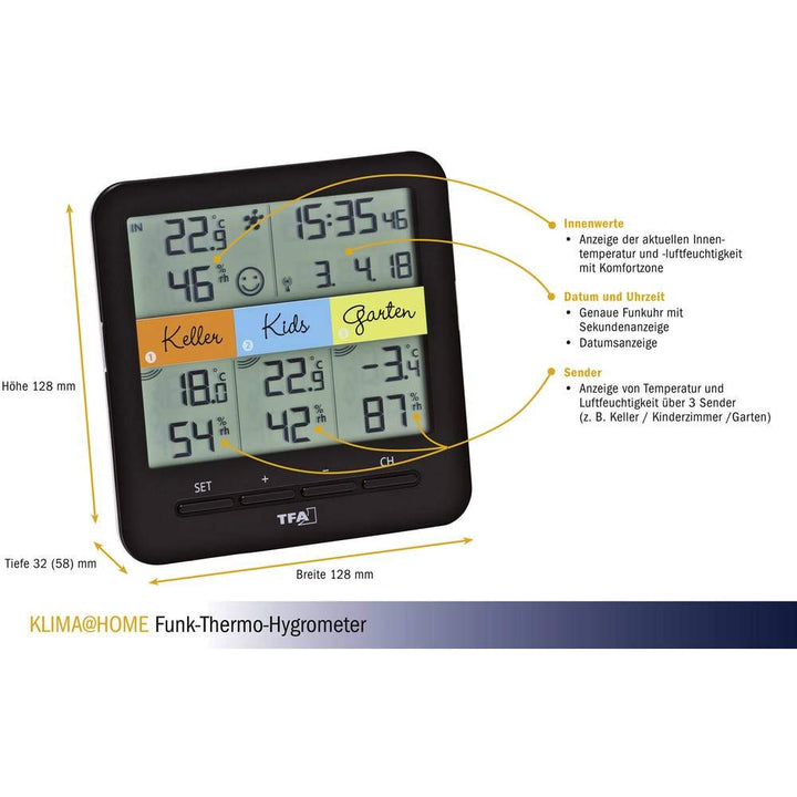 Funk-Thermo-Hygrometer mit 3 Sendern für 4 Räume, Schwarz - Bild 4