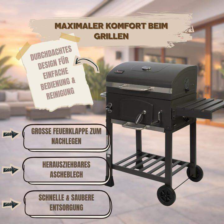 Holzkohlegrill mit Deckel, Gusseisenrost &amp; Abdeckhaube - Bild 3