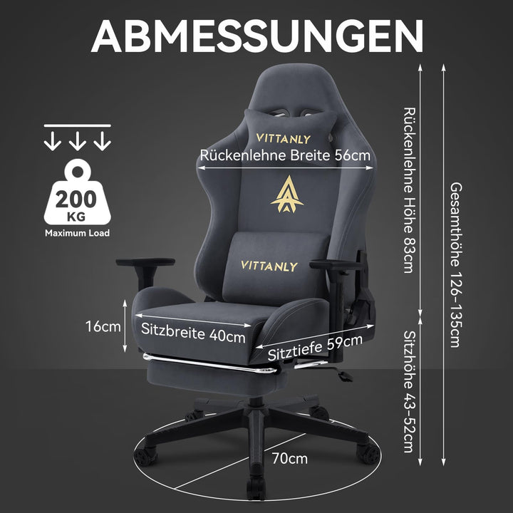 Gaming Stuhl Wildlederimitat ergonomisch mit Fussstuetze, Grau - Bild 7
