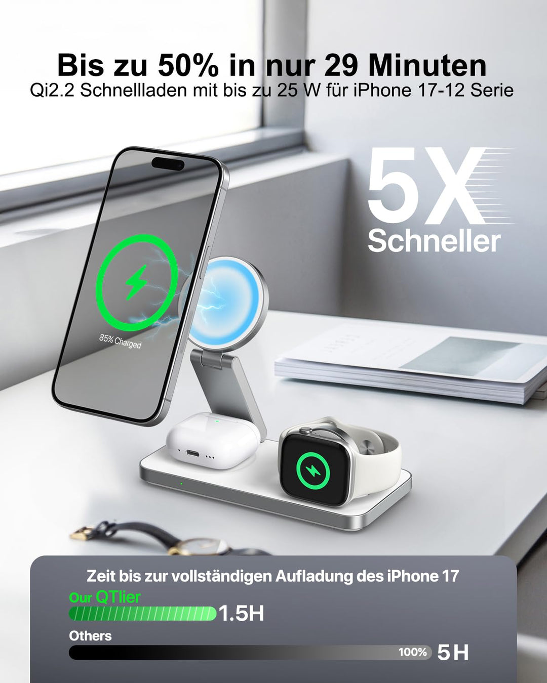 3-in-1 Ladestation Qi2.2 25W fuer iPhone, Apple Watch und AirPods - Bild 3