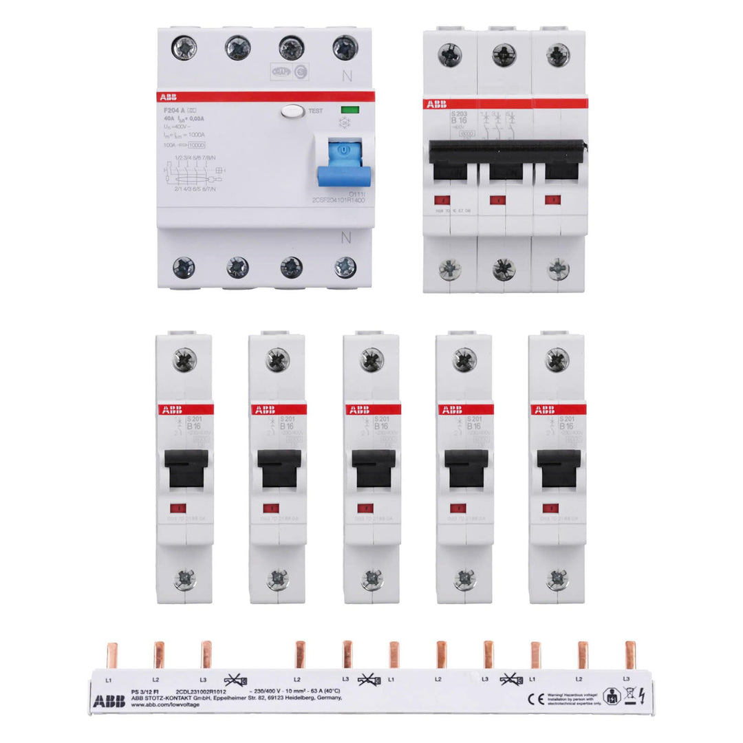 FI-Schutzschalter Set 40A 30mA mit 6 LS-Schaltern und Sammelschiene