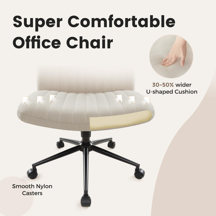 Bürostuhl ohne Armlehnen Schneidersitz Leinenstoff Beige mit Rollen - Bild 6