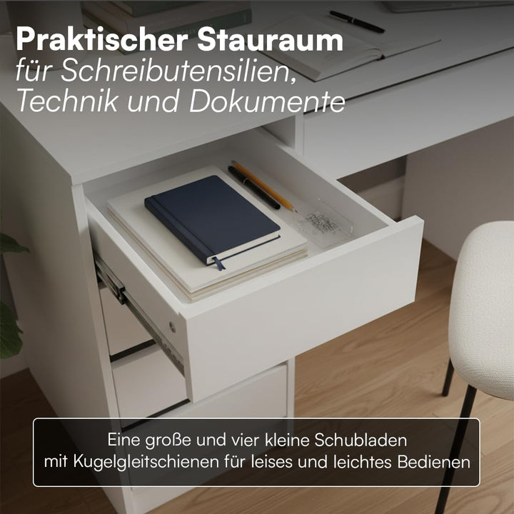 Schreibtisch Weiss 5 Schubladen 110x53 cm Schminktisch Kombi - Bild 4