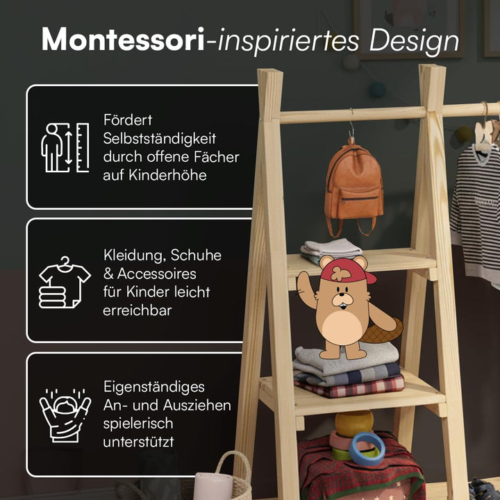 Kinder-Kleiderstange Massivholz Kiefer 4 Ablageflächen Montessori - Bild 5