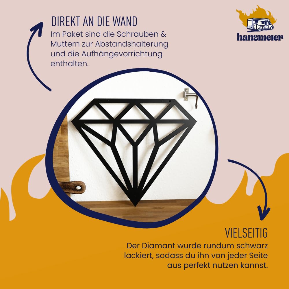 Wanddeko Metall Diamant Schwarz 42x48 cm wetterbeständig Indoor/Outdoor - Bild 3
