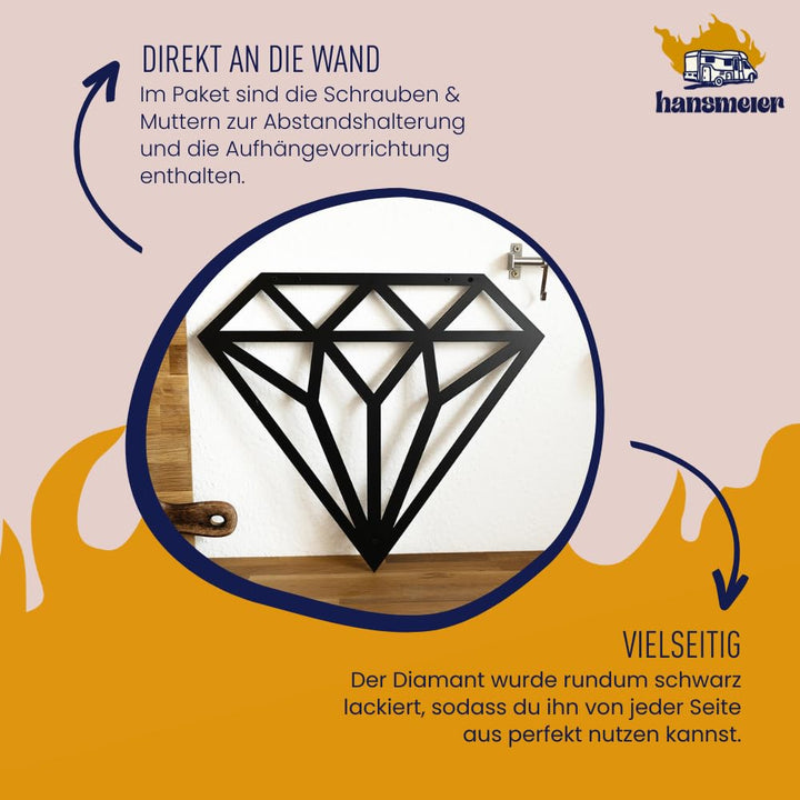 Wanddeko Metall Diamant Schwarz 42x48 cm wetterbeständig Indoor/Outdoor - Bild 3