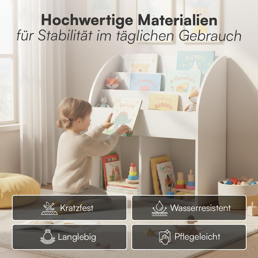 Kinderbücherregal Holz Weiss 3 Fächer mit 2 Ablagefächern Montessori - Bild 5
