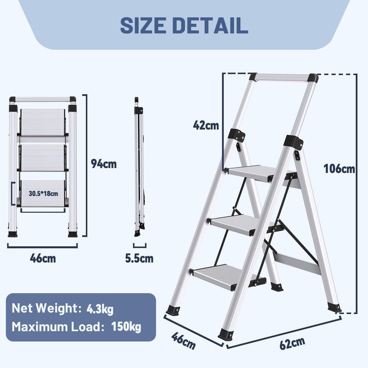 Trittleiter 3 Stufen klappbar Aluminium mit ausziehbarem Handlauf - Bild 5