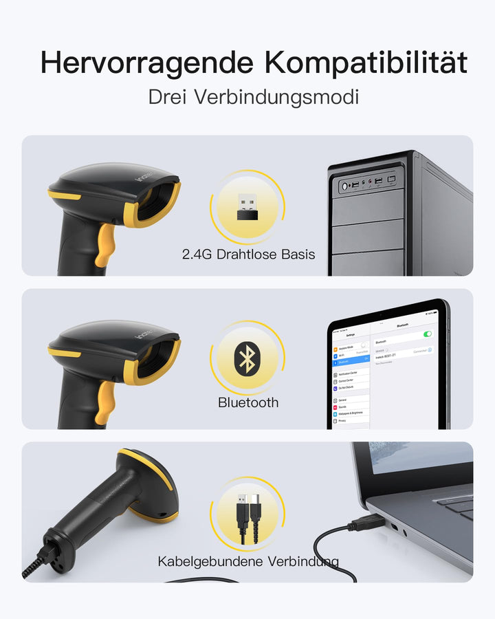 Barcode Scanner Kabellos 1D 2D QR Code Bluetooth 2.4G USB - Bild 4