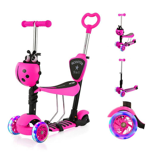 Kinder Roller 5-in-1 mit Sitz Schubstange LED-Räder höhenverstellbar