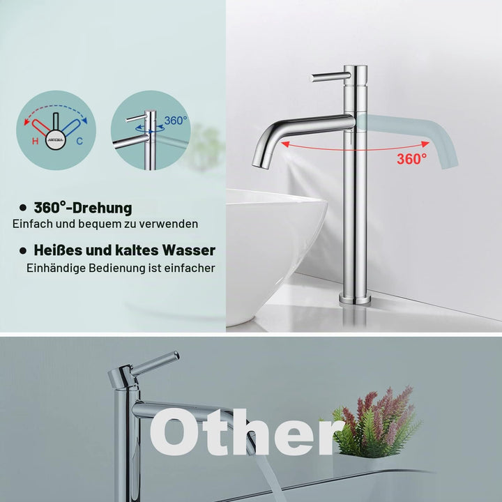 Waschtischarmatur hoch Messing verchromt 360° für Aufsatzbecken - Bild 3