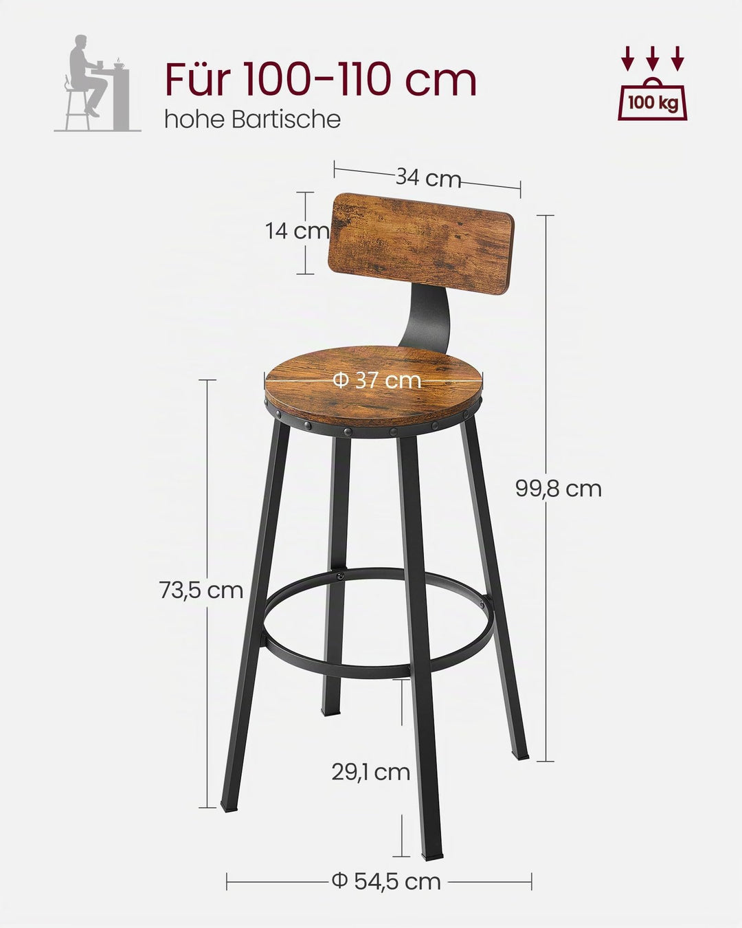 Barhocker 2er-Set Metall Industrie-Design Sitzhöhe 73 cm Vintagebraun - Bild 6