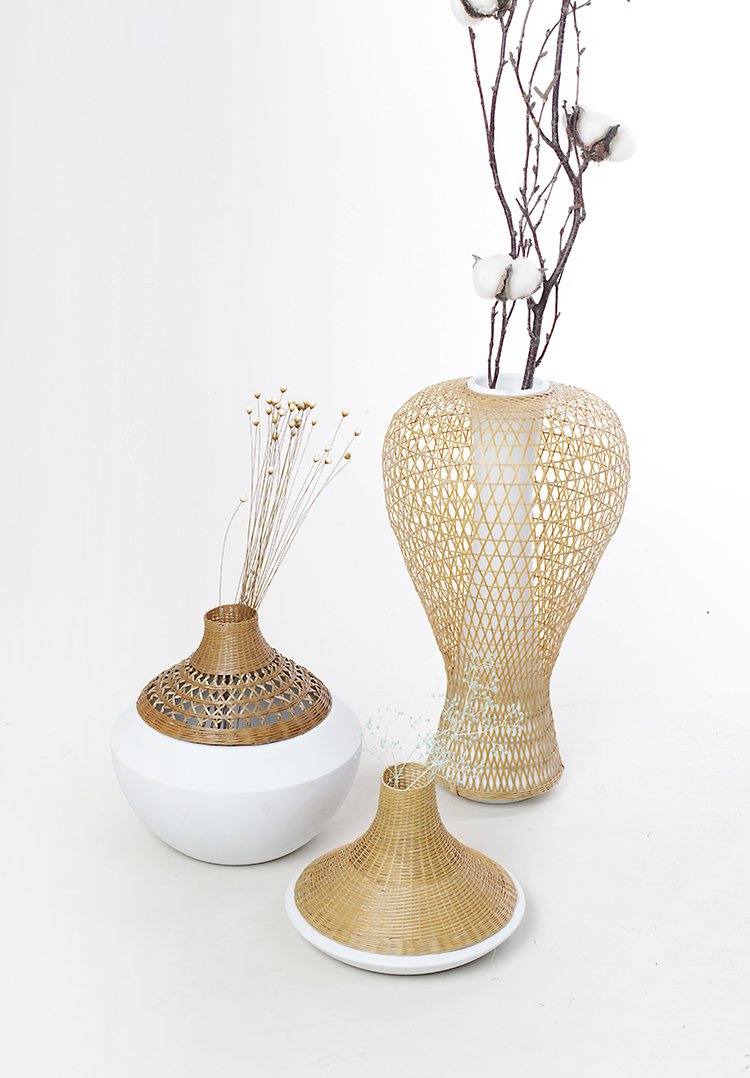 Keramikvase mit Bambusflechtdeckel handgefertigt Tischdeko weiss - Bild 7