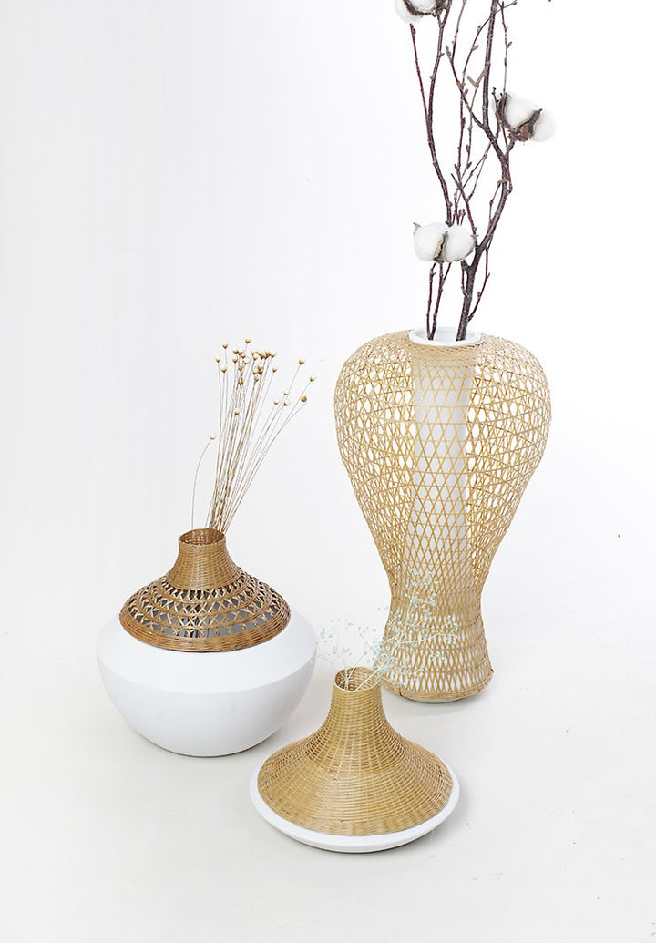 Keramikvase mit Bambusflechtdeckel handgefertigt Tischdeko weiss - Bild 7