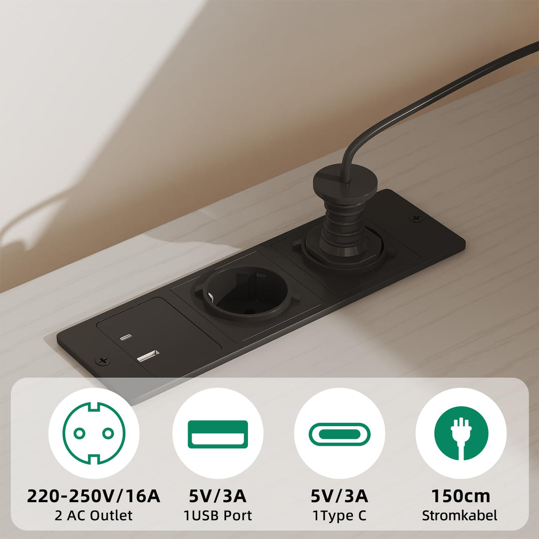 Schreibtisch mit Schubladen, LED, Steckdose &amp; Monitoraufsatz, Weiss