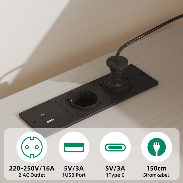 Schreibtisch mit Schubladen, LED, Steckdose &amp; Monitoraufsatz, Weiss