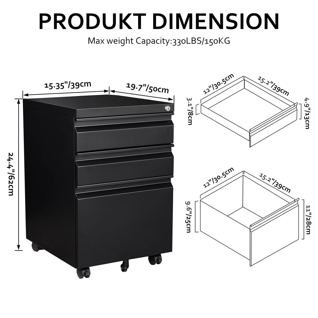 Rollcontainer Stahl abschliessbar 3 Schubladen 39x50x62 cm schwarz - Bild 7