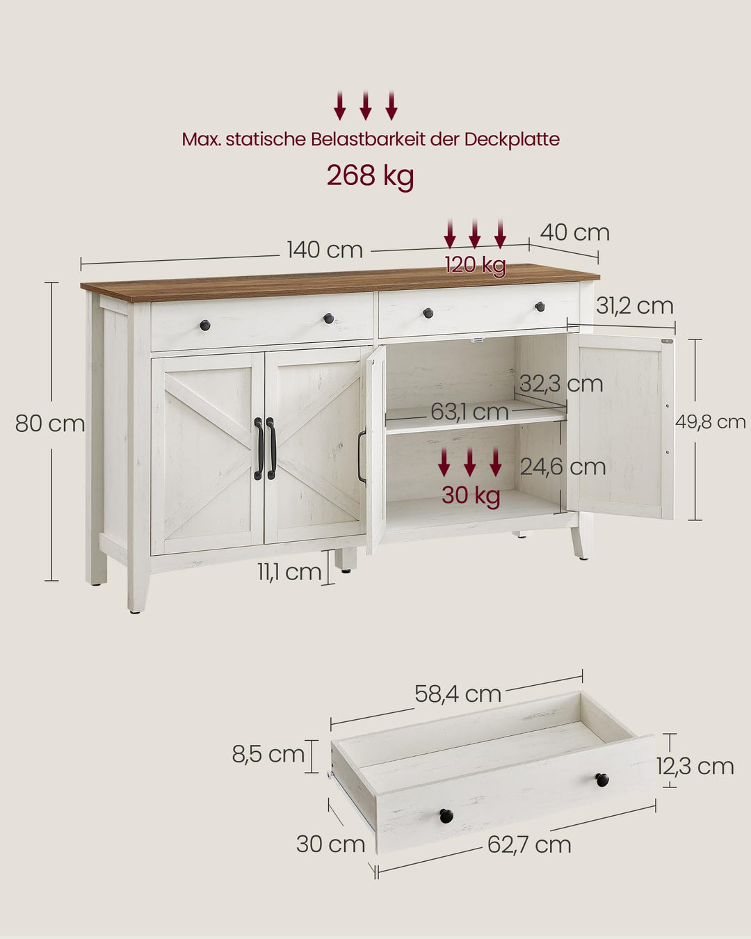 Sideboard mit 2 Türen und Schubladen Vintageweiß Honigbraun 140 cm - Bild 3