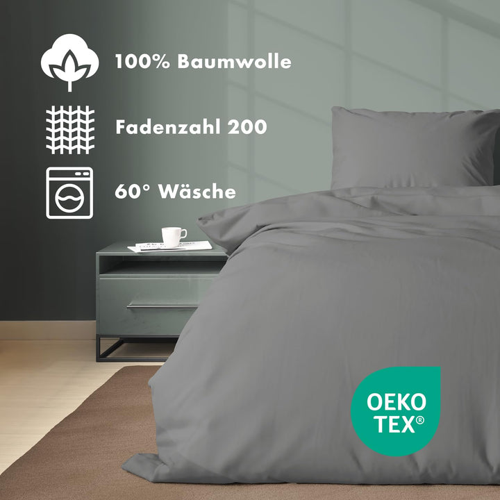 Bettwäsche-Set Baumwolle Perkal 135x200cm anthrazit 4-teilig - Bild 3