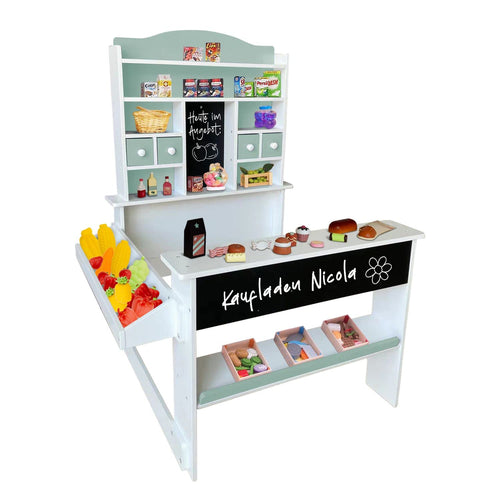 Kaufladen Kinder Holz mit Tafel, Theke & 4 Schubladen gruen