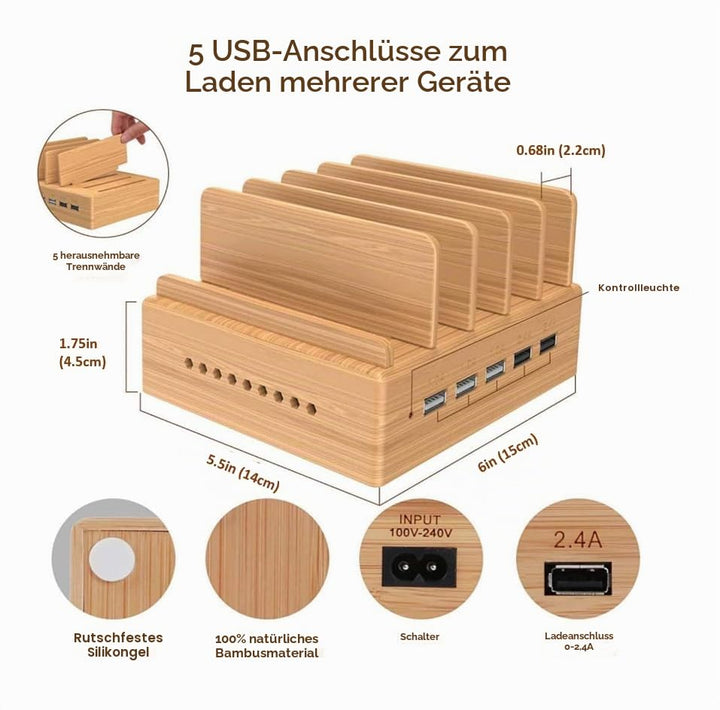 Ladestation 5-fach USB mit Bambus-Organizer und 5 Kabel - Bild 7
