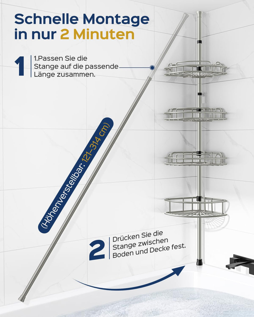 Duschablage Ecke Teleskop 4-stöckig ohne Bohren Metall Silber - Bild 3