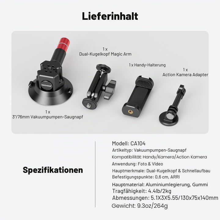 Saugnapf Kamerahalterung 76mm mit Kugelkopf Magic Arm 1/4" 3/8" - Bild 7