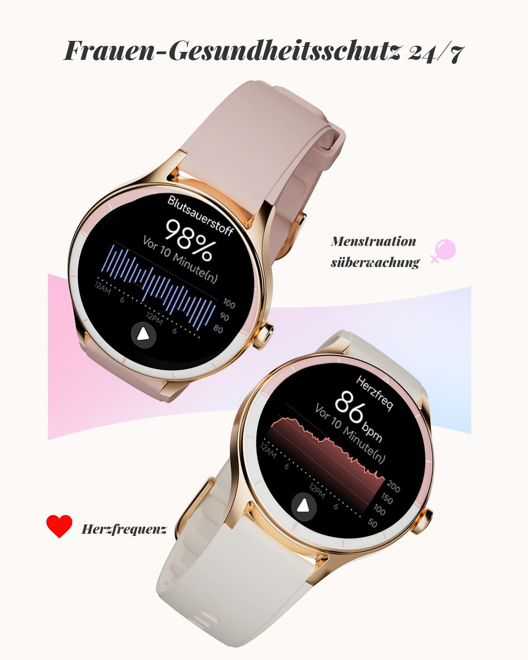 Smartwatch Damen 40mm rund, 100+ Sportmodi, IP68, Beige - Bild 6