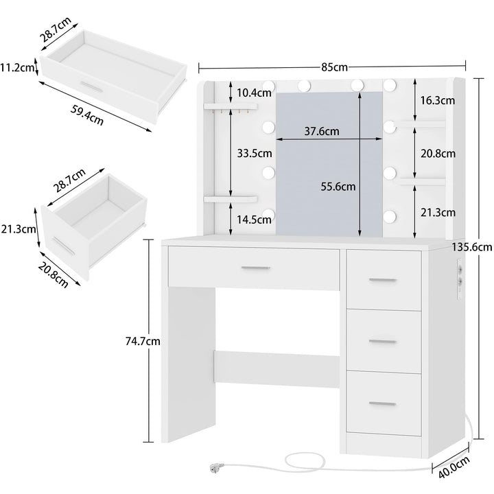 Schminktisch mit Beleuchtetem Spiegel 4 Schubladen Weiss - Bild 2