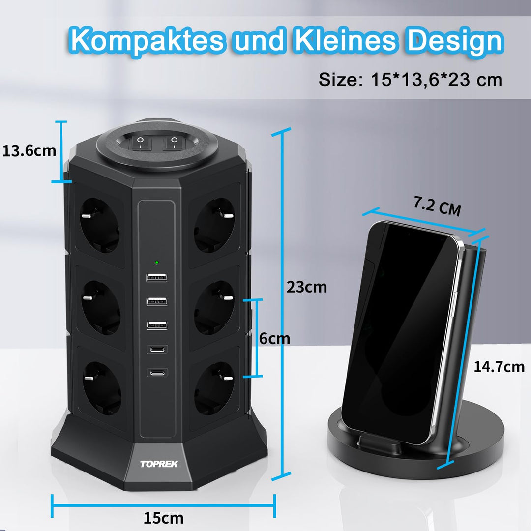 Turmsteckdose 17-in-1 mit USB-C, 12 Steckdosen, Überspannungsschutz - Bild 3