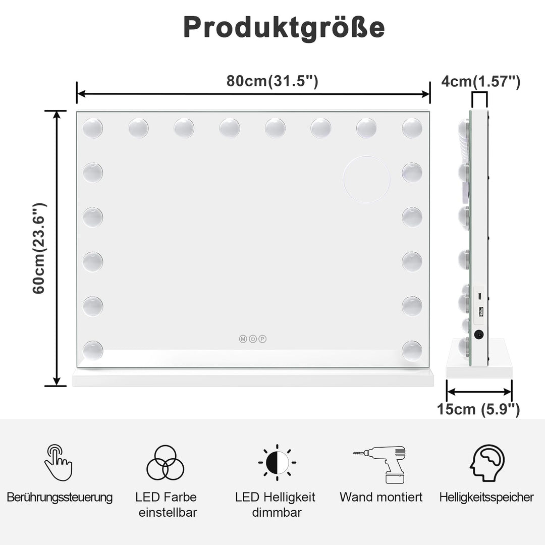 Schminkspiegel mit Beleuchtung 80x60 cm 18 LED 3 Lichtfarben Touch - Bild 4
