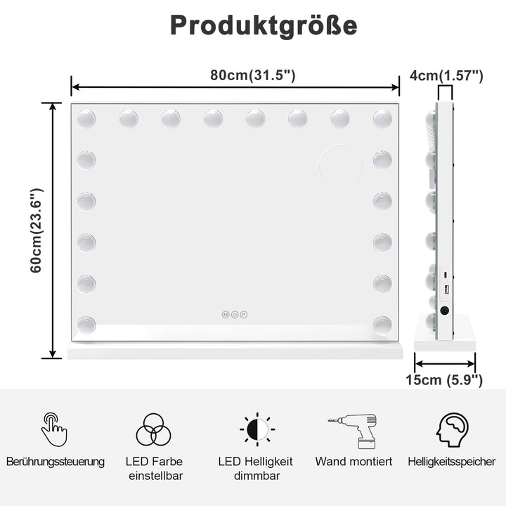 Schminkspiegel mit Beleuchtung 80x60 cm 18 LED 3 Lichtfarben Touch - Bild 4