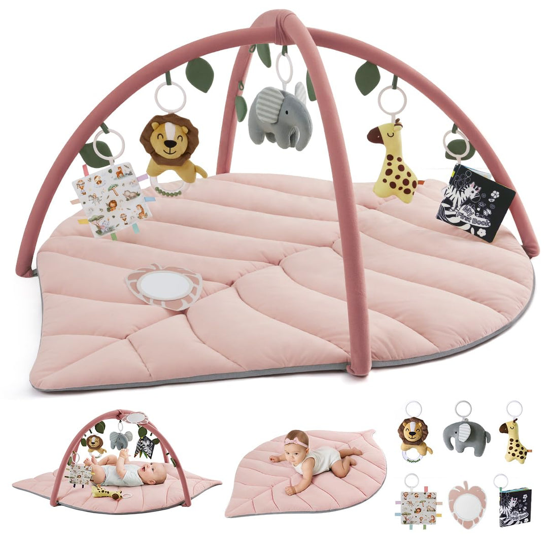Spielbogen Baby mit Krabbeldecke Blattform 135x94cm 6 Spielzeuge Rosa