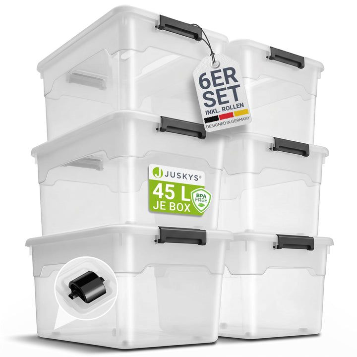 Aufbewahrungsbox mit Deckel 45 L transparent stapelbar 6er Set