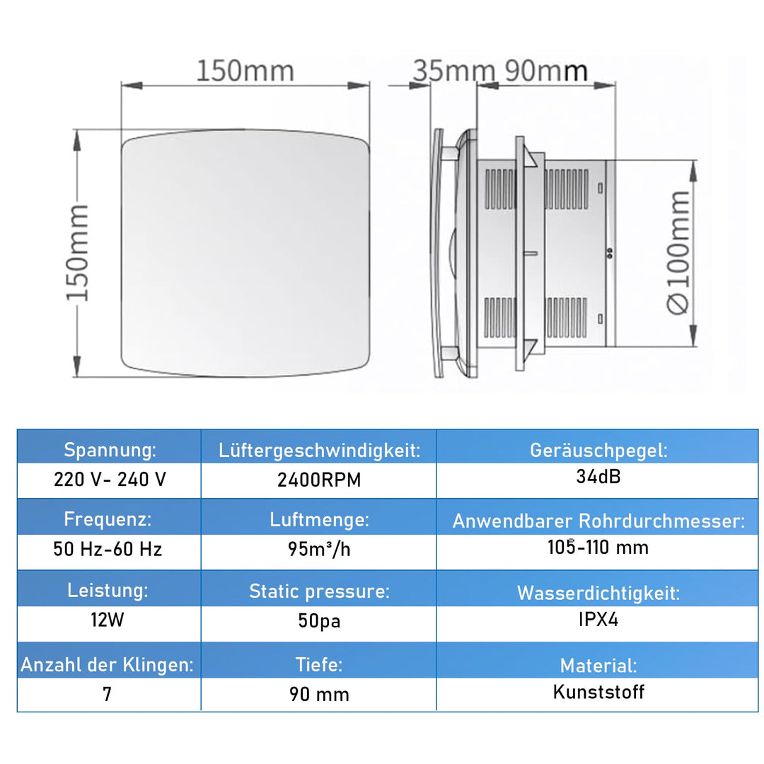 Badlüfter 100mm mit Nachlauf und Rückstauklappe leise 34dB - Bild 2