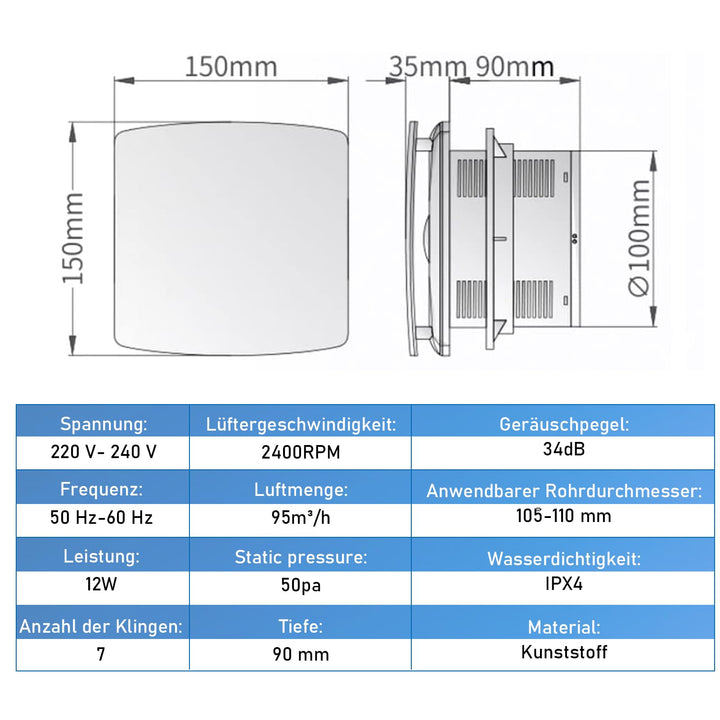 Badlüfter 100mm mit Nachlauf und Rückstauklappe leise 34dB - Bild 2