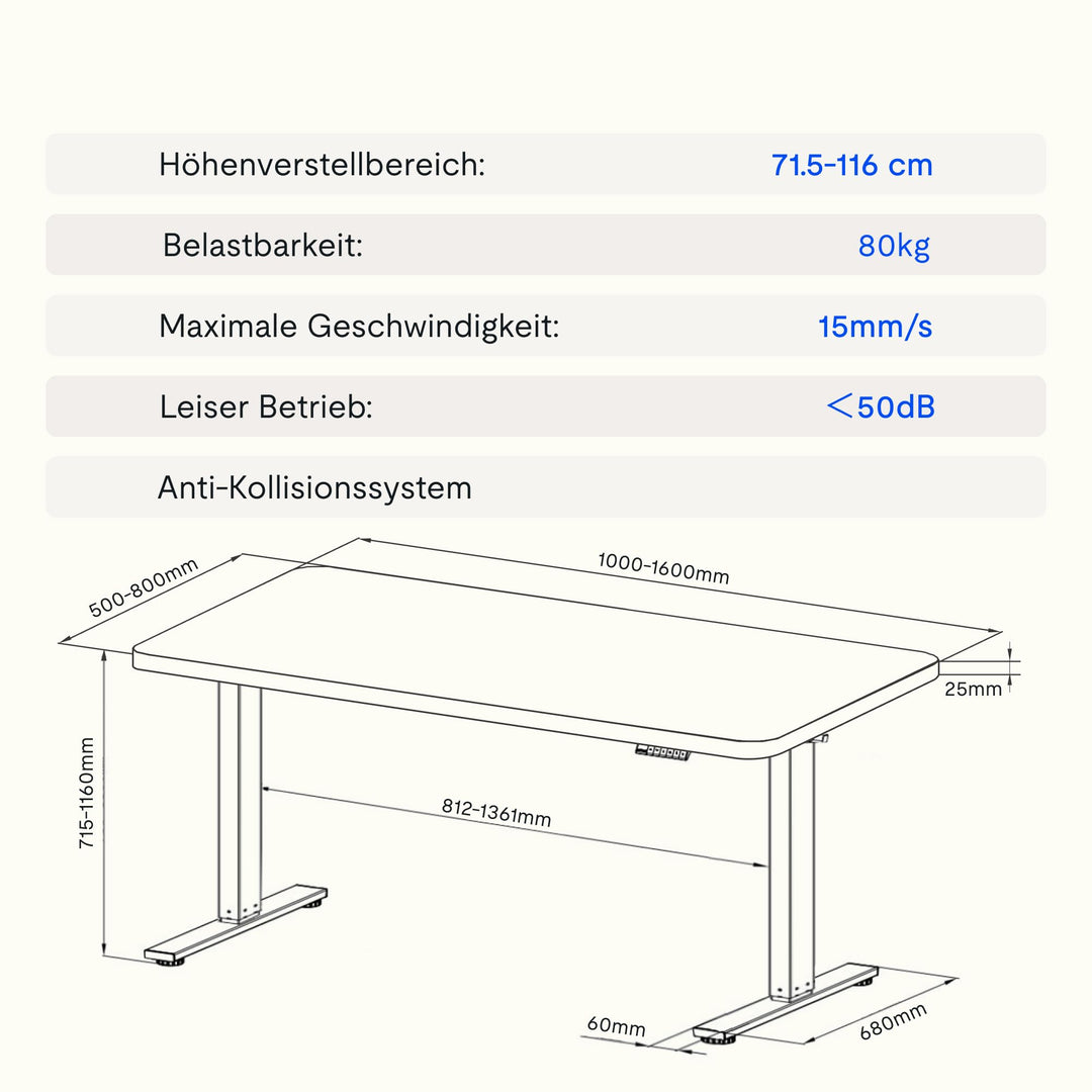 Elektrischer Stehschreibtisch 140x80 cm höhenverstellbar 71–116 cm - Bild 8
